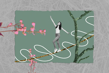 Collage artwork picture of cheerful positive woman balancing standing on string dry tree branch...