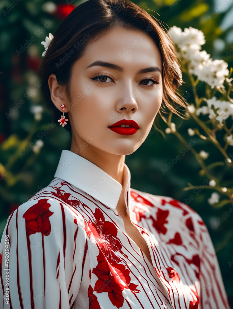 Poster a woman wearing a red and white dress with flowers on it. she is wearing red lipstick and has her ha