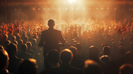 a man standing in a podium and giving a speech to an audience