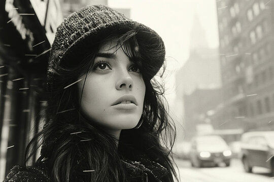 Retro portrait of a fashion young woman on the street in the city in winter. An old vintage black and white photograph from the 1960s