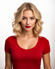 A blonde woman in a red shirt with a red lipstick. She has a smile on her face and is looking directly at the camera