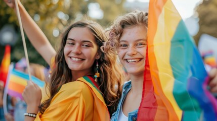 Portrait of Happy loving homosexual lesbian LGBT couple looking to camera at city streets. LGBT and Pride concept.