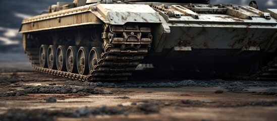 Military Tank Parked on the Ground Ready for Action with Detailed Chassis and Tank Tracks - obrazy, fototapety, plakaty