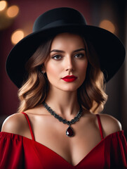 A woman wearing a black hat and red lipstick poses for a photo. She is wearing a necklace and a red dress