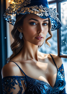A woman in a blue dress and hat is standing in front of a window. The image has a moody and elegant feel to it, with the woman's long hair and the blue dress adding to the overall aesthetic