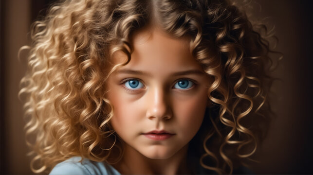 A young girl with curly hair and blue eyes. She is looking at the camera. The image has a warm and friendly mood