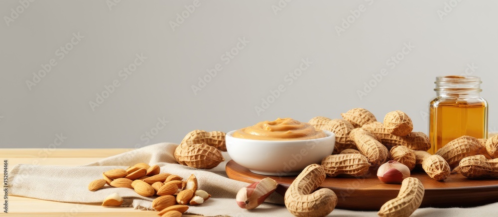 Aufkleber creamy peanut butter dip perfect for snacking with crunchy peanuts on light background