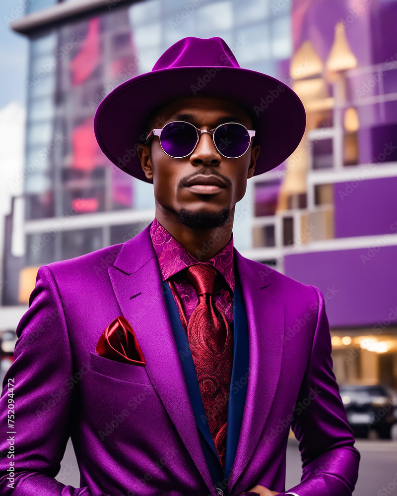 Poster a man in a purple suit and hat stands in front of a building. he is wearing sunglasses and a tie