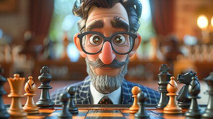 A 3D cartoon animated character negotiating a high-stakes business deal over a game of chess - obrazy, fototapety, plakaty