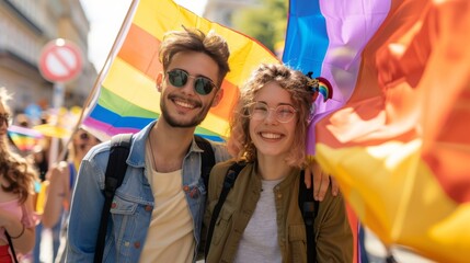 Portrait of Happy loving homosexual lesbian LGBT couple looking to camera at city streets. LGBT and Pride concept.
