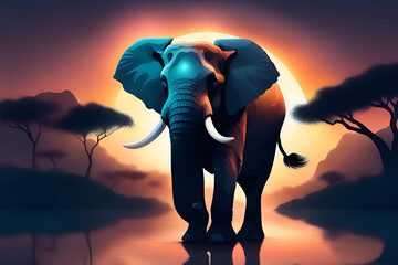 Elephant on sunset in National park - obrazy, fototapety, plakaty