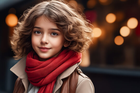 A young girl with a red scarf and brown jacket is smiling. The image has a warm and friendly mood