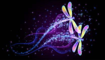 Magic dragonflies with fantasy sparkle and blazing trail and glowing stars on night background