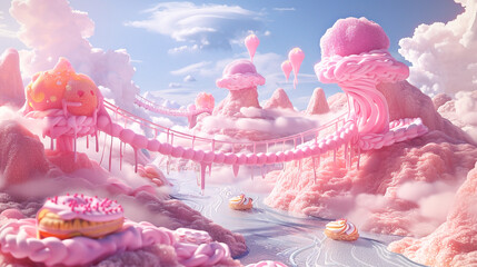 A 3D cartoon dream scene with a sky made of cotton candy  floating islands of sweets  and bridges made of licorice strings - obrazy, fototapety, plakaty