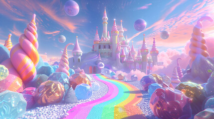 A 3D cartoon dreamland with a pathway of rainbow licorice leading to a castle of sugar glass under a sky of glowing candy orbs