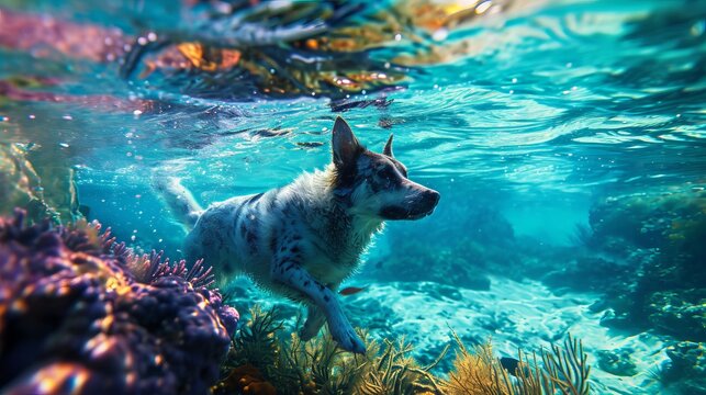 
Imagine a Caribbean dream: a stunning purple dog gracefully swimming in a surreal underwater scene. The photo captures an incredibly cute dog swimming amidst coral reefs on an underwater planet.