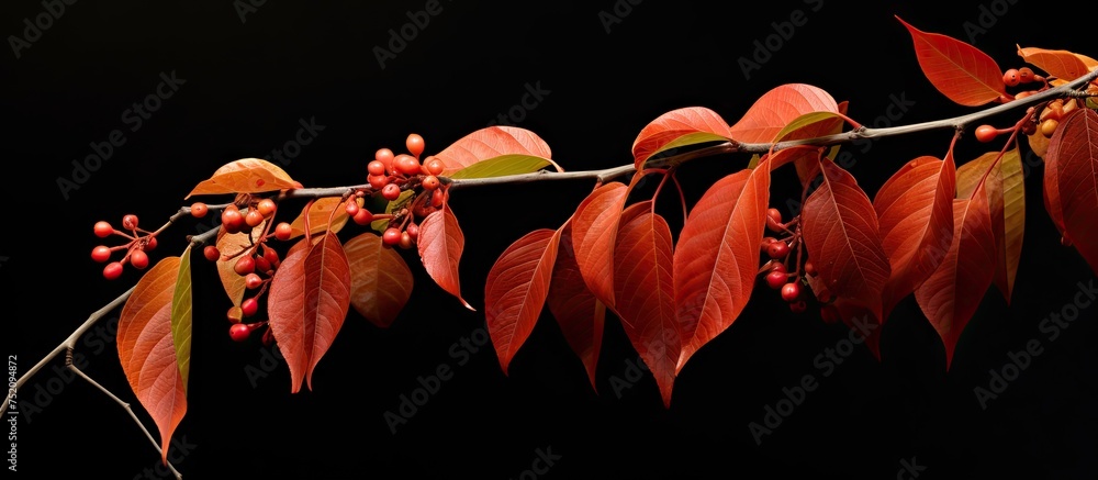 Poster vibrant autumn vibes: close-up of beautiful red leaves and berries on a combretum indicum branch