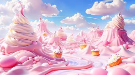 A 3D cartoon fantasy background of a sweet dream with a valley of pudding pots  mountains of cookie dough  and a sky filled with whipped cream clouds