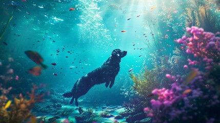 
Imagine a Caribbean dream: a stunning purple dog gracefully swimming in a surreal underwater scene. The photo captures an incredibly cute dog swimming amidst coral reefs on an underwater planet. - obrazy, fototapety, plakaty