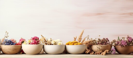 Serene Spa Vibes: Tranquil Wooden Table Decorated with Elegant Rows of Delicate Dry Flowers