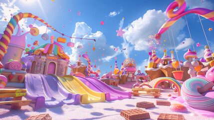 A 3D cartoon fantasy park with slides of rainbow sherbet  swings of licorice  and benches made of KitKat bars under a sky with jelly stars