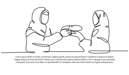 one continuous line of an Muslim women give alms. for Islamic celebration promotion model.