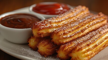 Spanish churros with powdered sugar coating and served with chocolate or caramel sauce