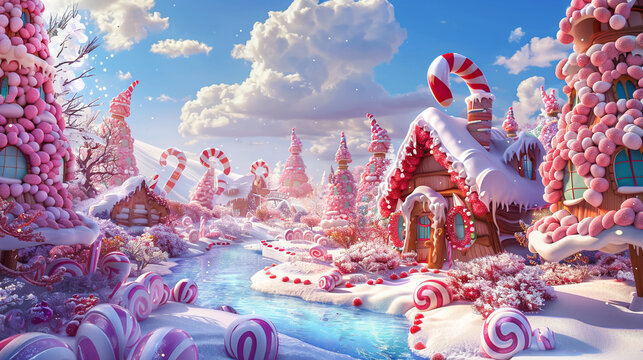 A 3D cartoon fantasy background with an enchanted forest of candy cane trees  gingerbread houses  and a river of sparkling blue raspberry under a gummy bear sky