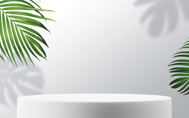 Blank white podium for product with tropical leaves 3D render - 752095007