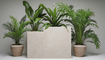 Stone and sustainable materials podium surrounded by empty plants for product placement