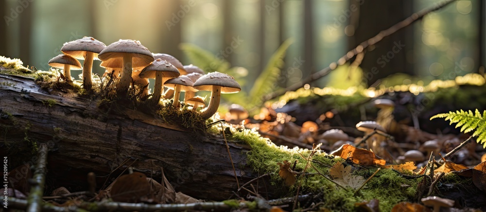 Poster enchanting forest scene: array of armillaria mellea mushrooms on weathered tree stump