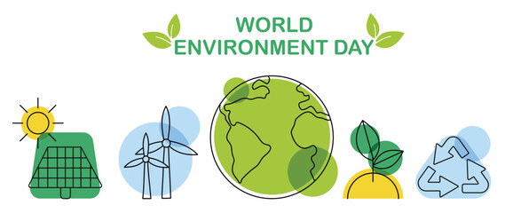 World Environment day concept background vector. Save the earth, globe, recycle symbol, windmill, solar cell. Eco friendly illustration design for web, banner, campaign, social media post.
