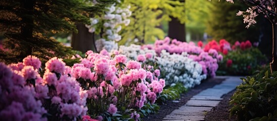 A Multicolored Oasis: Mesmerizing Spring Garden Bursting with Diverse Array of Blooming Flowers and Lush Trees