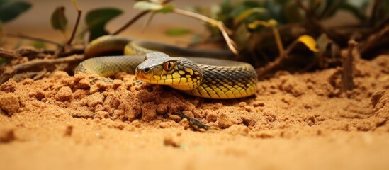 Obraz premium Enthralling Golden Tree Snake Devouring a Frog in the Serene Sandy Habitat