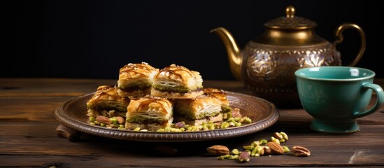 Delicious Turkish Baklava and Tea Set on Elegant Display Table