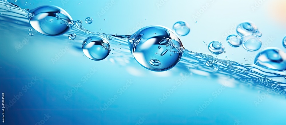 Poster vibrant blue water droplets: macro closeup of freshness and abstraction in liquid splash background