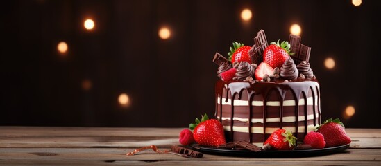 Delectable Chocolate Cake Adorned with Fresh Strawberries and Decadent Chocolate