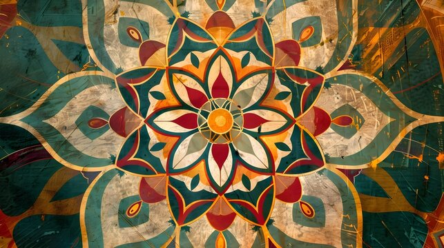 mandala colorful vintage art, ancient Indian vedic background design, old painting texture with multiple mathematical shapes