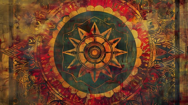 mandala colorful vintage art, ancient Indian vedic background design, old painting texture with multiple mathematical shapes