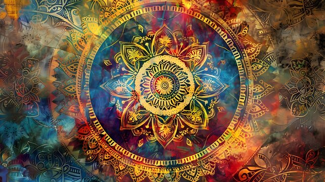 mandala colorful vintage art, ancient Indian vedic background design, old painting texture with multiple mathematical shapes