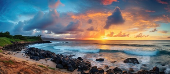 Spectacular Sunrise over Kauai's Volcanic North Shore Beach with Reflecting Sunlight - obrazy, fototapety, plakaty