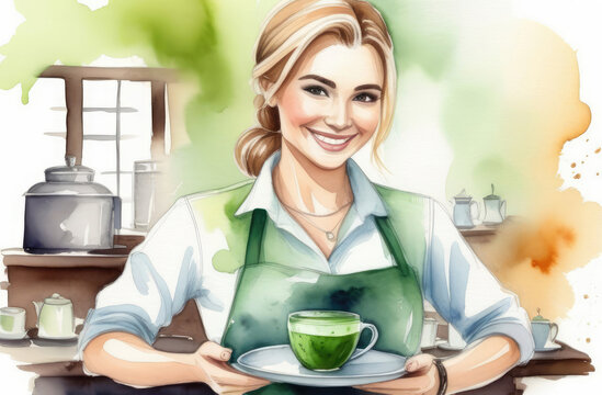 smiling Caucasian female barista with cup of Japanese matcha tea on tray, watercolor illustration