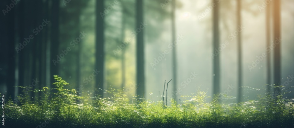 Poster serene forest landscape with lush greenery and towering trees in soft focus