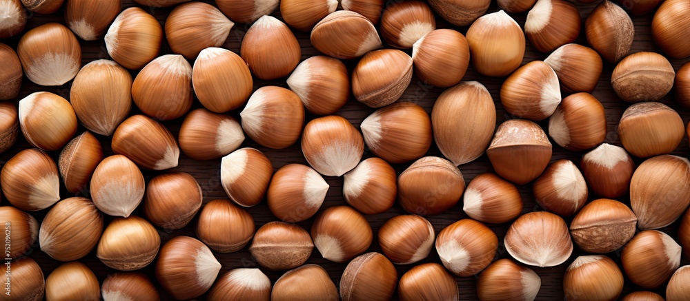 Poster rustic hazelnuts in shells arranged on a textured wooden surface