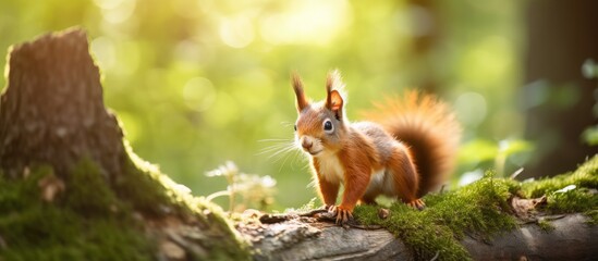 Curious Squirrel Explores the Treetops in a Lush Forest Setting