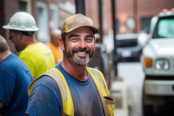 Men public works worker smiling at work. Working man. Public works job offer. AI.