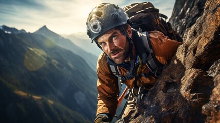 Close-up of a male climber climbing a high cliff Wearing a protective suit, using devices against the background of Mountains and Clouds. Extreme outdoor sports, Active lifestyle, bouldering concepts. - obrazy, fototapety, plakaty