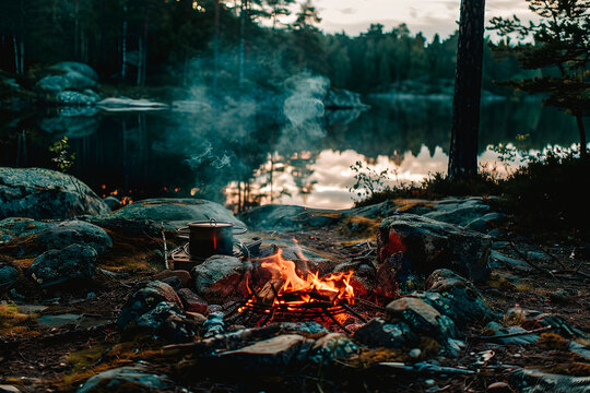 Feu de camp dans la foret, camping,