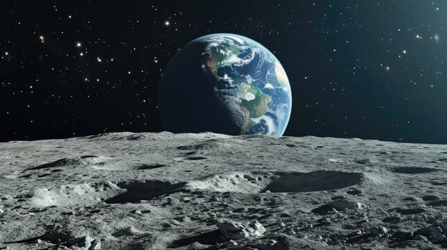 View from the Moon's surface with Earth rising over the horizon. The Earth is colored in blues, greens, and whites, contrasting the grey, cratered lunar surface. AI