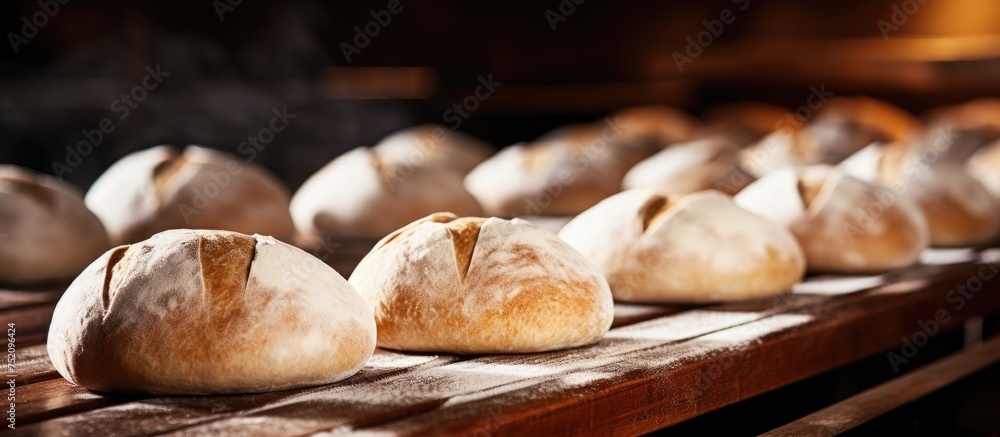 Poster assorted delicious bread rolls displayed on rustic wooden table in bakery